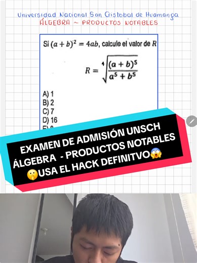 ​¡Atención futuros cachimbos de la UNSCH! Hoy destruimos un ejercicio clásico de Álgebra que vino en el examen de admisión de la San Cristóbal de Huamanga en Ayacucho. Si postulas a la UNSA o a cualquier nacional, este Hack Definitivo de Productos Notables te va a salvar la vida. No pierdas tiempo haciendo procesos eternos, aquí te enseño cómo dominar el sistema. ​El ejercicio dice: Si (a b) al cuadrado es igual a 4ab, calcula el valor de R. ​PASO A PASO POR EL CAMINO ALGEBRAICO: ​Primero analiz