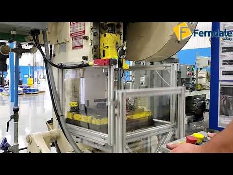 Punch Press Safety Guarding - Automatic Door Opens/Closes for Part Access. Prevents Projections.