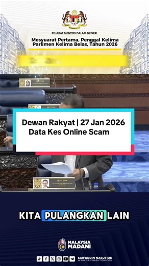 [PETIKAN VIDEO] SESI JAWAB LISAN DEWAN RAKYAT | 27 JANUARI 2026 Jumlah wang yang berjaya dipulangkan kepada mangsa penipuan atas talian (online scam) pada tahun 2025 adalah sebanyak RM6.7 juta, peningkatan yang banyak daripada tahun sebelumnya iaitu RM508,479.39. Jumlah kerugian mangsa online scam ini makin meningkat saban tahun, tahun 2025 sahaja kita merekodkan kerugian sebanyak RM542 juta. Pusat Respon Scam Kebangsaan, atau National Response Scam Centre (NRSC) kini beroperasi 24 jam dan akan 