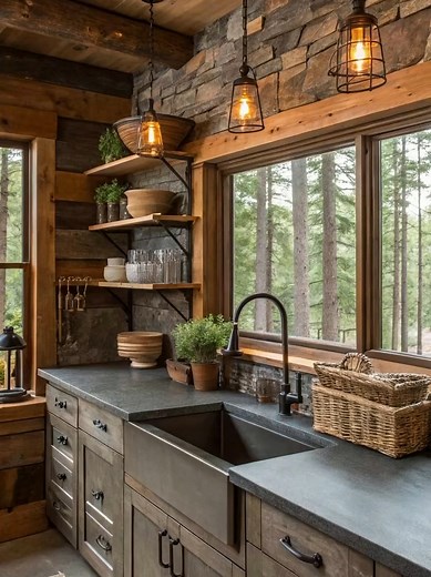 This rustic stone wood cabin kitchen feels like it’s straight out of a luxury mountain retreat 🏔✨ #cabinlife #kitcheninspo #rusticdecor #homedesign #interiordesign #kitchengoals #dreamhome #cozycabin #fyp #hometrends #kitchenstyle #decorideas #stonekitchen #wooddesign #farmhousekitchen #modernrustic