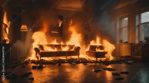 Intense fire scene in a living room with burning sofas and smoke for dramatic visual impact