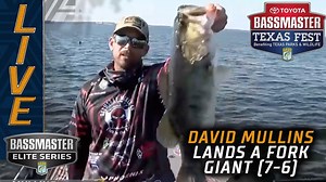 David Mullins was the Angler of the Year leader entering Lake Fork, but his lead was in jeopardy after a tough Day 1. He fell all the way down to 69th in this event until catching this 7-6 beaut. He is now flirting with the Top 40 cut to fish on Saturday and his AOY hopes are in the balance late on Friday. #bassfishing #bassmaster #lakefork | Bassmaster
