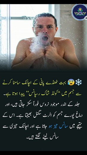 ❄️😰 Exposure to very cold water triggers a “cold shock response” in the body. The nerves in the skin suddenly constrict, and the brain sends alert signals throughout the body. As a result, breathing speeds up, causing sudden rapid inhalation. #coldwater #fblifestyle | Education Hub