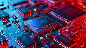 Close up view of a cpu illuminating a circuit board with vibrant blue and red hues, highlighting the intricate details of modern technology. The image evokes a sense of power and sophistication