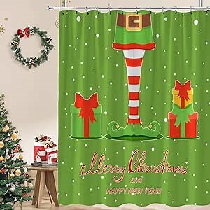 Christmas Elf Shower Curtain Cartoon Elfs Leg Red Green Merry Christmas Winter Holiday Happy New Year Festival Fabric Bathroom Curtain with Hook