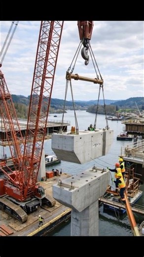 crawler crane on a barge is lifting a massive precast concrete pier cap