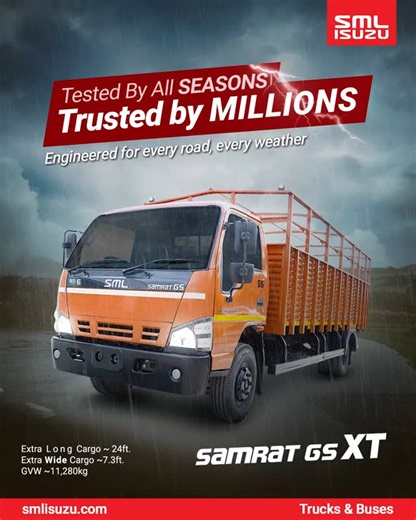 SML Isuzu Trucks & Buses on Instagram: "Built to Brave It All. From scorching summers to stormy roads — tested by all seasons, trusted by millions. ✅ 24ft Extra Long Cargo ✅ 7.3ft Extra Wide Body ✅ GVW: 11280 kg 🛣️ Engineered for every road, every weather. 📞 Connect with us today: +91 93198 41155 🌐 Visit: smlisuzu.com . . . #smlisuzu #sml #ISUZU #smltrucks #trucks #reliable #heavyload #transportation #businesstravel #goods #exploremore #monsoon [ SML Isuzu, SML Trucks, Trucks, Reliable, Heavy