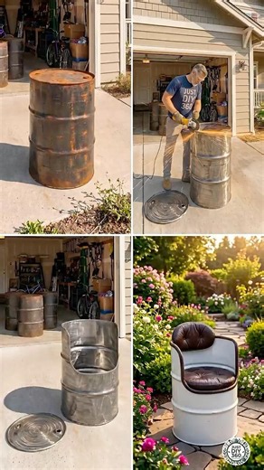 DIY Coffee Table Set Using Old Steel Drum Barrels in a Backyard Garden #steeldrums #backyardgarden