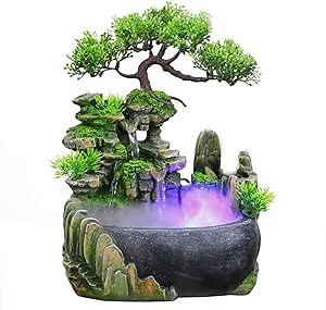 Desktop Waterfall Fountain with Automatic Pump and LED Lights | Indoor Atomizing Rockery Waterfall for Home, Office, or Bedroom Decor