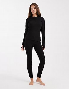 Threadbare ribbed button down long sleeve loungewear set in black | ASOS