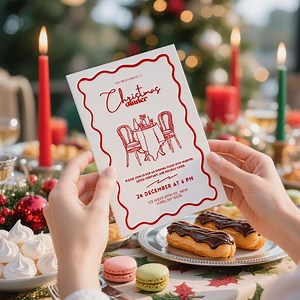 Elegant Christmas Dinner Invitations, Red Line-art Design (canva Template) - Etsy