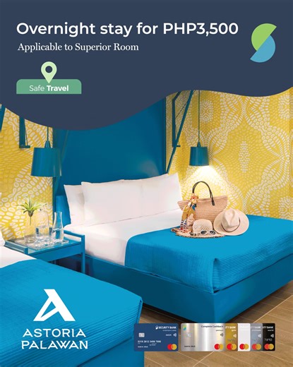 Avail special rates on rooms and have an exquisite stay at Astoria Hotel and Resorts with your Security Bank Mastercard credit and debit card! 🏨 • Astoria Greenbelt • Astoria Palawan • Astoria Current • Astoria Plaza • Astoria Boracay Booking period runs until March 15, 2024. Stay period is until March 31, 2024. View bit.ly/AstoriaHotelandResorts0423-sbc for more details. Terms and Conditions apply. Per DTI Fair Trade Permit No. FTEB-161257, Series of 2023. SBC is regulated by BSP https://www.b