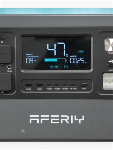 Aferiy P110-E 1200W 1008Wh Portable Power Station محطة الطاقة المحمولة AFERIY P110-E تتميز بسعة 1008 واط/ساعة، طاقة خرج مستمرة 1200 واط (موجة جيبية نقية)، شحن سريع، ودعم تطبيق الهاتف الذكي للتحكم والمراقبة، بالإضافة إلى وظيفة UPS (مزود طاقة غير متقطع) للشحن الآمن للأجهزة الحساسة، وتوفر منافذ متعددة (AC, USB-A, USB-C) للشحن المتنوع، وتدعم الشحن الشمسي والسيارة. ✅⚡أقصىالمميزات الرئيسية: ✅⚡سعة كبيرة: بطارية ليثيوم فوسفات الحديد (LiFePO4) بسعة 1008Wh (تصل إلى 1248Wh في بعض الموديلات) مع عمر دورات طو