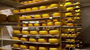Cheese wheels maturing on rows of wooden shelves in a cheese factory. Cheese production workshop in a dairy factory. Rows of cheese pieces on wooden shelves in store