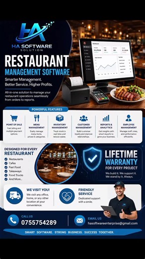 🔥 Running a Restaurant? Let Us Simplify Everything! Manage orders, billing, inventory, staff, and customer records with one powerful Restaurant Management Software from HA Software Solution. 💡 Easy to Use 💡 Fast Billing & POS 💡 Real-Time Inventory Tracking 💡 Detailed Business Reports 💡 Lifetime Warranty 💡 Friendly Support Team 🚗 We visit your office, home, or any location for demonstrations and support. 📞 075 575 4289 📧 hasoftwareenterprise@gmail.com #RestaurantManagementSoftware #Busi