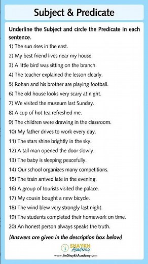 📝 Subject and Predicate | Worksheet with Answers 🧑🏻‍🏫 | English Grammar for Class 6