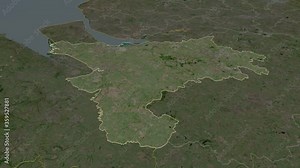 Cheshire West and Chester, administrative county with its capital, zoomed and extruded on the satellite map of England in the conformal Stereographic projection. Animation 3D