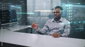 In Advanced Office: African American Specialist Uses Augmented Reality to Analyze 3D Holographic Data, Virtual Charts and Diagrams. Futuristic Data Analysis And Artificial Intelligence Integration.