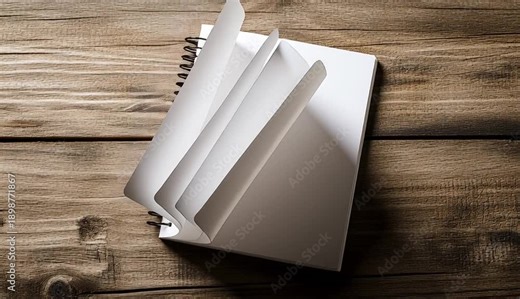 Blank white spiral notebook with black wire binding on rustic wooden table, open notebook with empty pages, one corner page curled up, top-down view, natural wood plank background