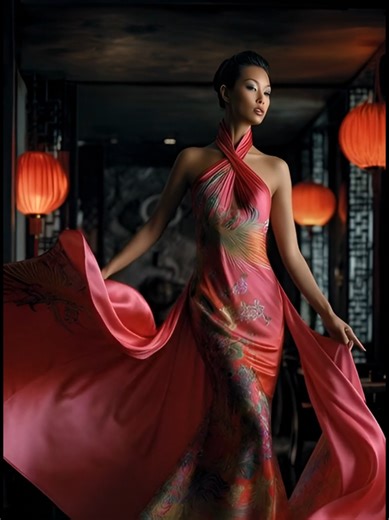 Dynamic fashion, captivating Asian models draped in fluid coral-pink silk satin qipao. classical Chinese fashion. #fashion #fashiontok #avantgardefashion #fashionnista #fashionrunway