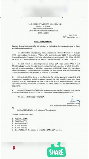 Introduction of End-to-End electronic processing of claim and bill through PFMS: CGA, FinMin O.M.
