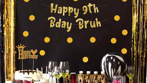 Pre-Strung Happy 9th Bday Bruh Gold Glitter Banner - Funny 9th Birthday Decorations for Boys and Girls - Birthday Party Supplies and Gifts