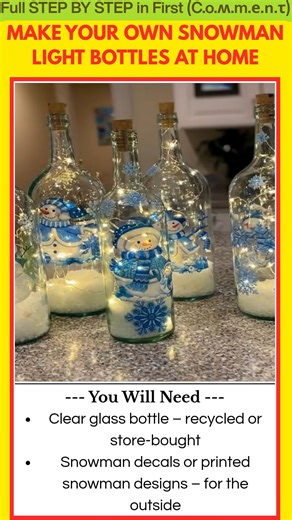 Make Your Own Snowman Light Bottles at Home Looking for a holiday craft activity that kids will love? These DIY Snowman Light Bottles are cheerful, glowing, and incredibly easy to make. With just a few simple materials, you can turn plain glass bottles into magical winter lanterns perfect for decorating any room. Ingredients (makes 1 light bottle): Clear glass bottle – recycled or store-bought Snowman decals or printed snowman designs – for the outside Battery fairy lights – to place inside Arti