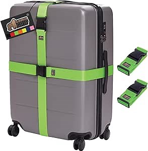 GORILLA GRIP Heavy Duty Adjustable Luggage Straps for Suitcases, Easy to Identify Travel Belt Connector Holds Suitcase Together, Extends Life of Bag, Strap Connects Two Bags, Accessories 2 Pack Green