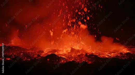 Molten lava violently explodes from a volcanic fissure at night, sending fiery rock and sparks into the dark sky. Intense, dramatic natural phenomenon for documentaries, science education,