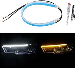 Car LED Strip Lights, DRL LED Headlight Strip Daytime Running Lights Dual Color White Turn Signal Yellow Lights Flexible Waterproof for Truck SUV(2Pcs 24 Inch)