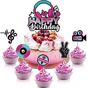 Patelai 46-Piece Multi-colored Musical Social Media Cake Toppers Set for Birthday Party Supplies