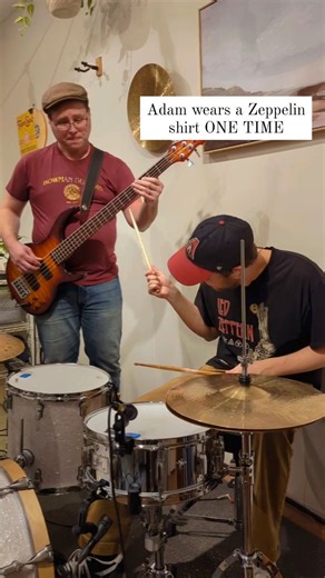 You'll never believe what happens when Adam wears a #ledzeppelin shirt to practice! Drama! Note the absence of Erika and Josh. #rock #bass #drums | The Empty Pockets
