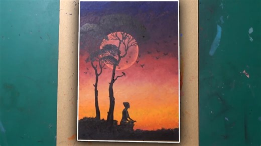 Oil on cardboard: Meditation artwork with dreamy colors and depth