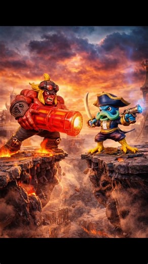 The skies crack with thunder as two warriors face off in the floating realms of Skylands ⚡🔥 Ka-Boom unleashes the fiery power of his massive cannon, the ground beneath him glowing with molten fury. Across the shattered cliffs, Wash Buckler stands fearless—cutlass ready and blaster drawn—prepared to defend Skylands with swashbuckling style. In a world where magic and battle collide, only the strongest Portal Masters’ champions will prevail. #skylanders #actionfigures #nintendo #gaming #toyphotog
