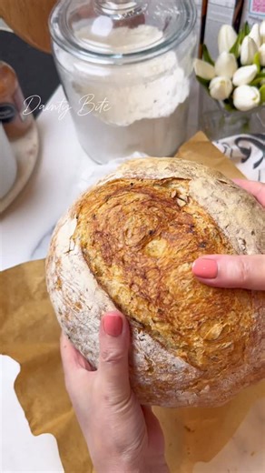 DAINTY BITE on Instagram: "Check out the previous reel for the full demonstration. My go to Italian bread recipe and of course no kneading required. So easy, simply mix all the ingredients together, let it sit for at least 6 hours. Bake and enjoy. I’m also showing in this video how you can use the stretch and fold method 2 or three times and you will get a much elevated artisan bread that is chewy and crispy. The choice is yours and using 2 cups of bread flour with higher protein or gluten will
