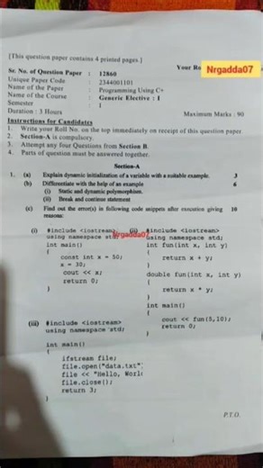 DU 1st semester BSC Honors mathematic question paper of 2025 Generic Elective:1 programming using C+