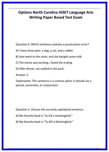 Options North Carolina HiSET Language Arts Writing Paper Based Test Exam 636x882