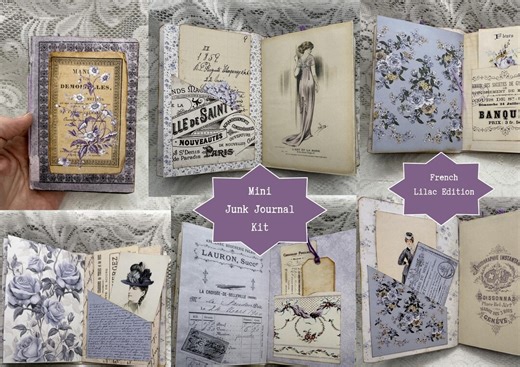 Mini Junk Journal Kit, French Lilac, Digital Download, Vintage Papers, Ephemera, Pockets, Tags, Book Covers, Little Printable Notebook Pages - Etsy