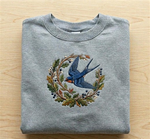 Custom Embroidered Swallow Bird Sweatshirt Vintage Wreath Design Nature Inspired Bird Lover Gift Cozy Unisex Botanical Style Top - Etsy