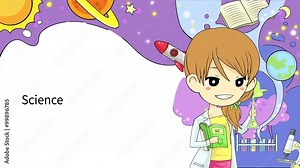 Animation woman scientist experimenting in laboratory with abstract and science icon tool representing astronomy physics chemistry for children education in 4k ultra HD