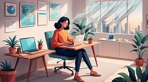 Download AI generated A man sits at his desk workplace using his personal desktop computer working online program in work at home concept for free