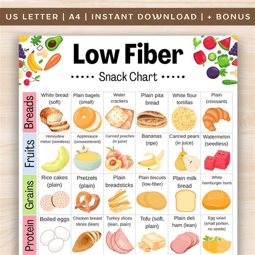 Low Fiber Snack List, Low Residue Diet Food Chart, Low Fiber Food List Printable, Fiber Free Grocery List,low Fiber Poster for Meal Planning - Etsy