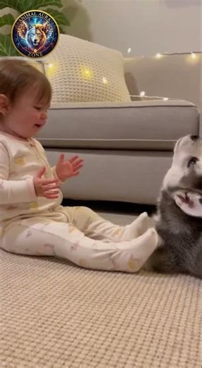 Baby Laughing at Howling Husky Puppy