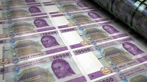 Central African CFA Franc money Cameroon Chad Congo Gabon banknotes printing roll machine loop. Paper 10000 XAF bank note print 3d looping seamless. Abstract concept of banking, finance and economy.