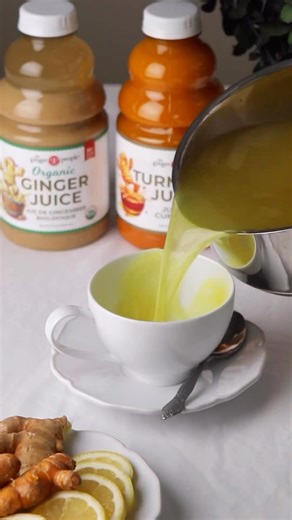 Whether you're nursing a cold 🤧 or fighting one off, this Soothing Ginger & Turmeric Tonic is bound to be your new go-to. It pulls double duty as a soothing remedy for sore throats while supporting your immune system. Mix all ingredients and heat until warm. 1/4 cup The Ginger People Ginger Juice 1/8 cup The Ginger People Turmeric Juice 1 tbsp lemon juice 1 tbsp maple syrup | The Ginger People