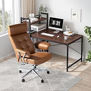 Mid-Century Modern Office Chair, High Back Ergonomic Desk Chair, Computer Chair with Armrest and Lumbar Support, Leather Office Chair with Stylish Quilted Backrest, Brown