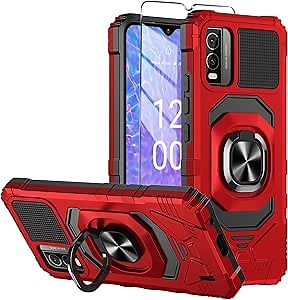 for Nokia C210 Case with Tempered Glass Screen Protector,Military Grade Heavy Duty Shockproof Protective Cover,with Ring Kickstand Full-Body Protective Case for Nokia C210 Red