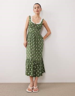 Nobody's Child Petite Heather sweetheart midi prom dress in green polkadot | ASOS