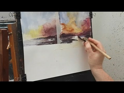 Four small landscape watercolour paintings using the small Ron Ranson hake brush | Part 1