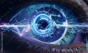 A close-up of a human eye with futuristic digital graphics overlaying the iris, perfect abstract concept for a tech-themed